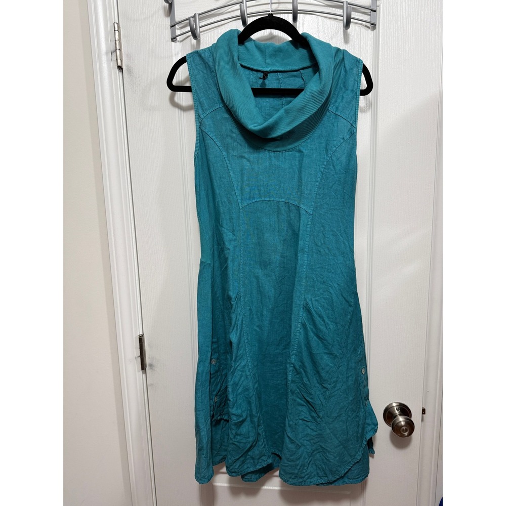 Inizio Italy Teal Blue Linen Cowl Neck Sleeveless A-Line Dress Women M lagenlook